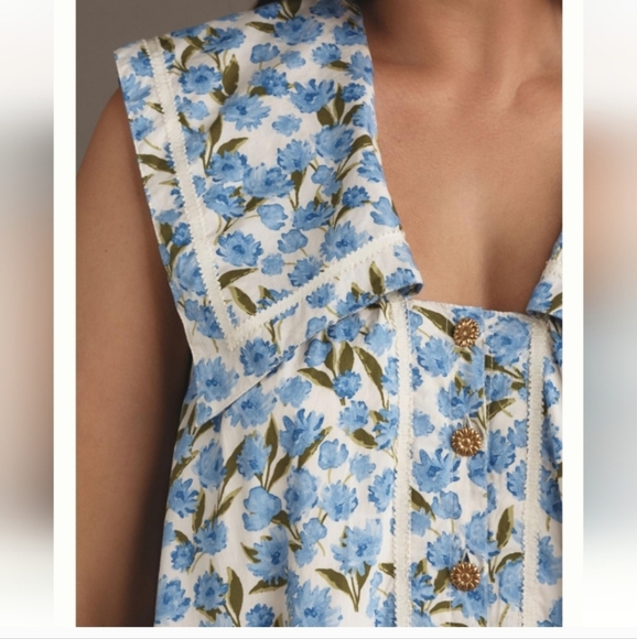 Maeve Collared Poplin Floral Print Swing Mini Dress Blue Motif Gold Tone  Xsp - Picture 3 of 5
